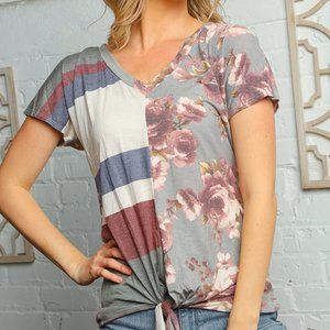 Stripe & Floral Color Block Tie Hem Blouse